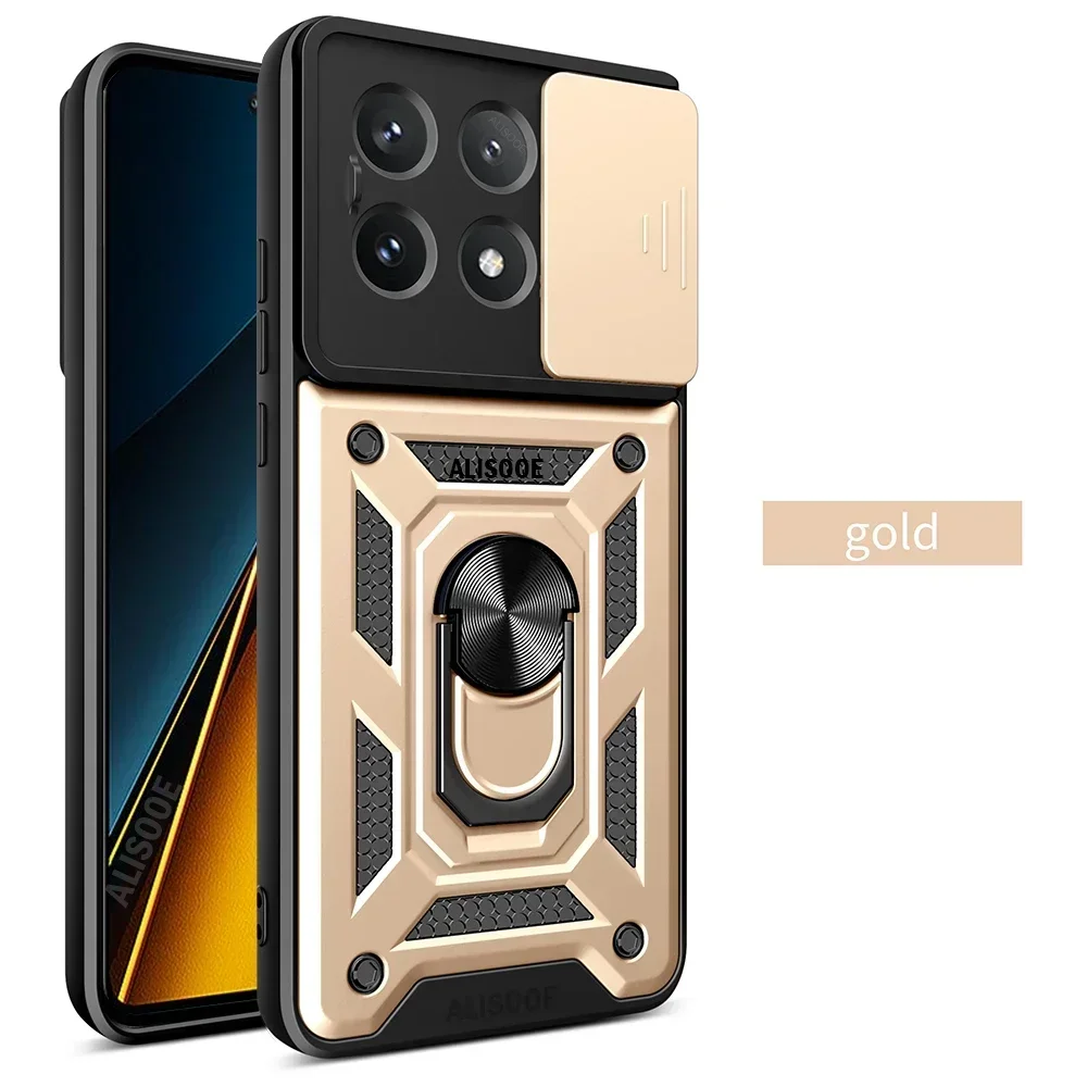 Capa For POCO X7 Pro / X6 Pro 5G Case Armor Slide Camera Lens Protection Back Cover for Xiaomi POCO X6 Pro 5G Ring Stand Funda: aluminum / Beige