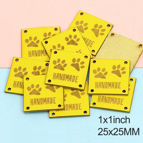 Etiquetas de cuero con huellas de animales, etiquetas hechas a mano para ropa, perro, gato, oso, pata, etiqueta hecha a mano para coser sombreros DIY, 20 piezas, 25x25mm: Yellow