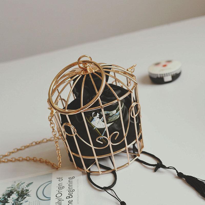 Vrouwen Birdcage Avondtasje Clutch Metalen Frame Borduurwerk Emmer Vogelkooi Mini Bag Purse Vrouwen Gold Tassel Handtas: Black