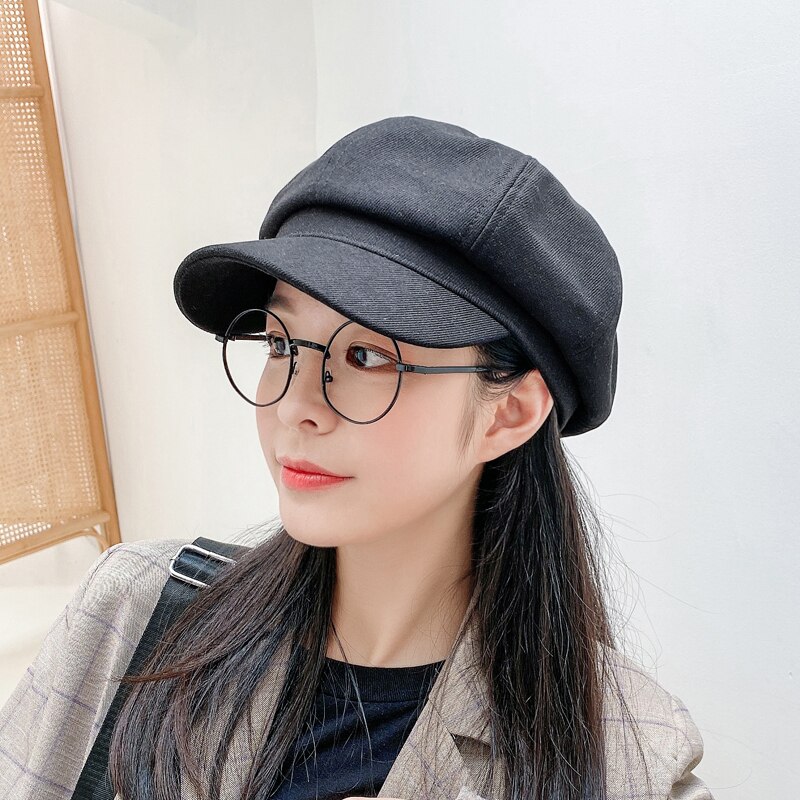 Women Hat Autumn Retro Octagonal Newsboy Cap Ladies Solid Plain Cotton Beret Hat Female Vintage Artist Painter Hat Women Berets: black