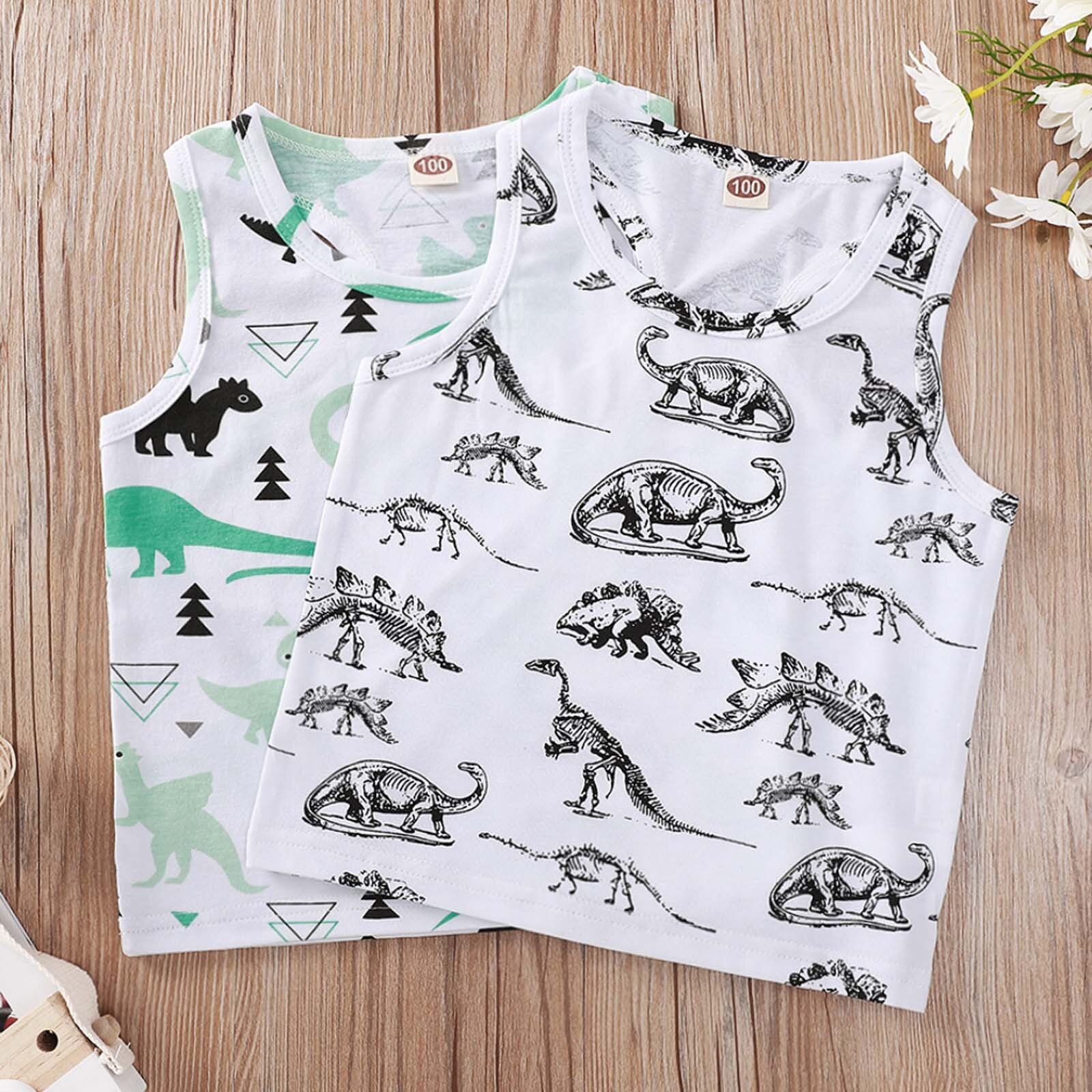 Katoen Peuter Kids Baby Boy Kleding Mode Cartoon Dinosaurus Print Vest Casual Licht Groen Grijs Mouwloze Top Kleren