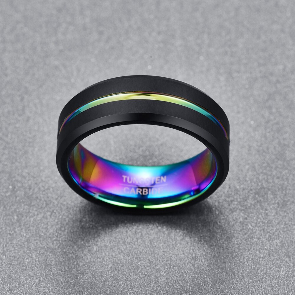 8MM Wide Black Matte Plating Colorful Slotted Tungsten Steel Ring Anniversary Tungsten Rings for Men&#39;s Jewelry