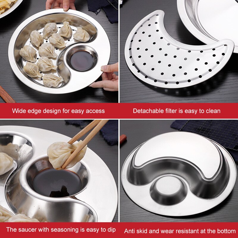 Rvs Dubbele Laag Knoedel Plaat Met Saus Lade Ronde Dishs Met Afneembare Afvoer Houder Keuken Supply 28Cm JS22