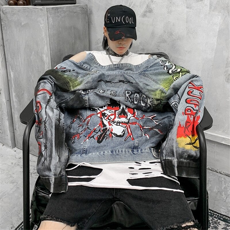 Osobowość moda męska znosić metal głaz punk styl graffiti biodro-hopowe kurtki jeansowe parodia nadrukowana czaszka motocyklowe dżinsowe kurtki