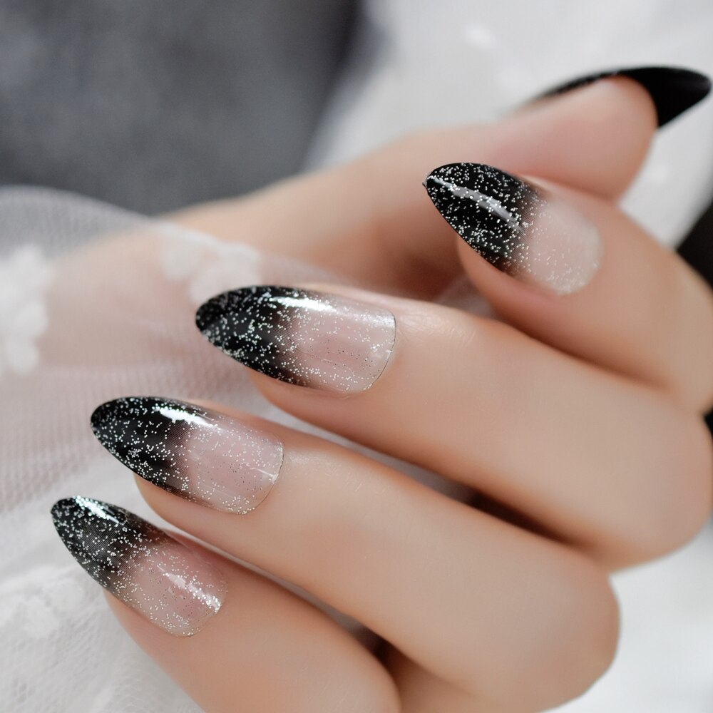 Zwart Ombre Franse Nagels Sharp Ending Acryl Nail Tips Glitter Gel Cover Gradiënt Wees Nagels Valse met Lijm Tabs