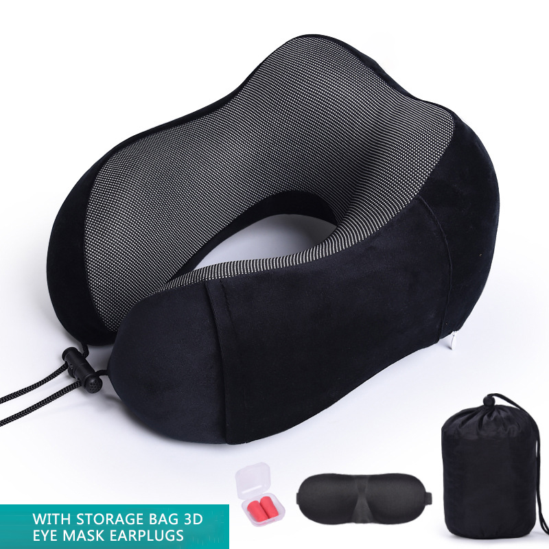 Car U Shaped Memory Foam Neck Pillows Soft Slow Rebound Space Travel Pillow Solid Neck Cervical Healthcare Bedding: Black Set 2