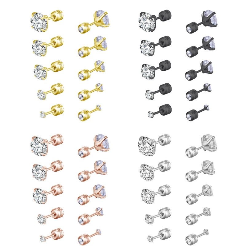 5 Pairs Rvs Cubic Zirconia Stud Oorbellen Set Voor Hypoallergeen Multi-Piercing Oren Van Mannen Vrouwen Jongens Meisjes