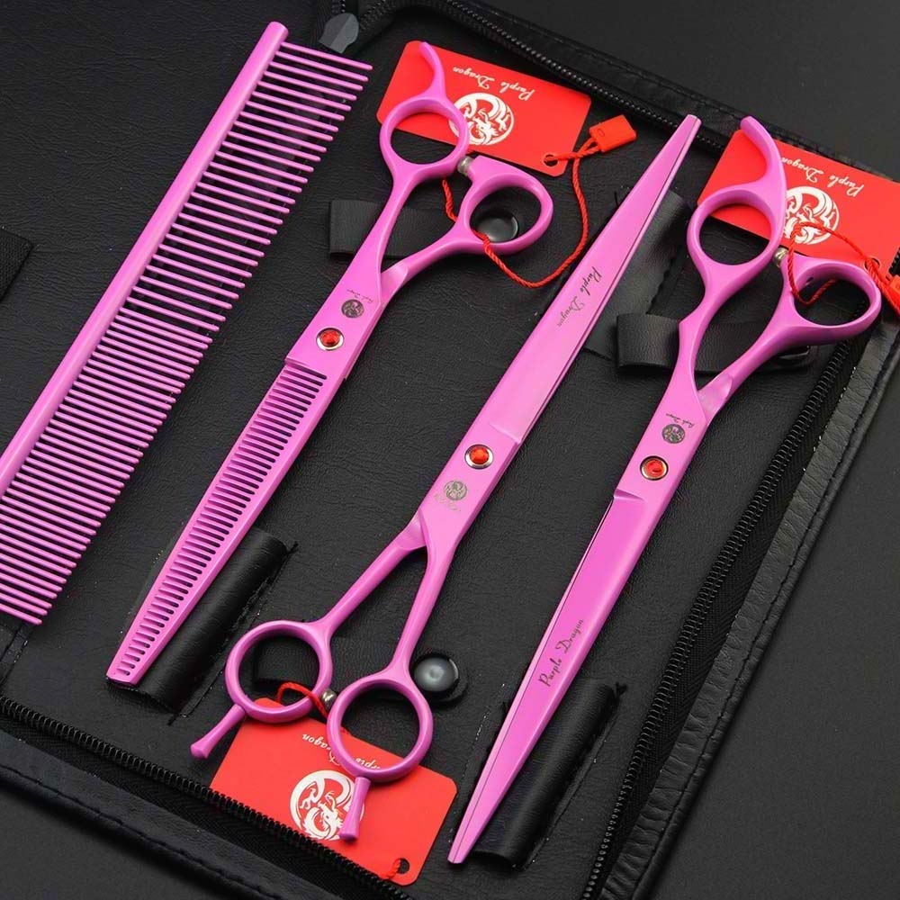 8 Inch Dog Hair Scissors Bent For Dogs Grooming Cat Japan 440C Dog Shears Hair Cutting Thinning Curved Scissor Set: Pink