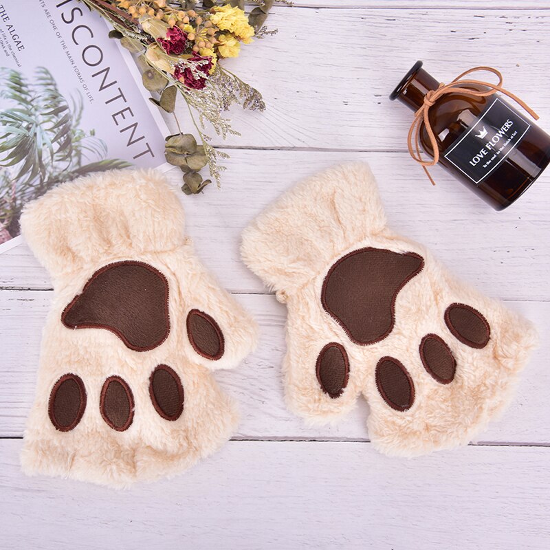 Soft Plush Short Fingerless Fluffy Bear Cat Gloves Costume Half Finger Black Beige Women Cute Cat Claw Paw Plush Mittens Warm