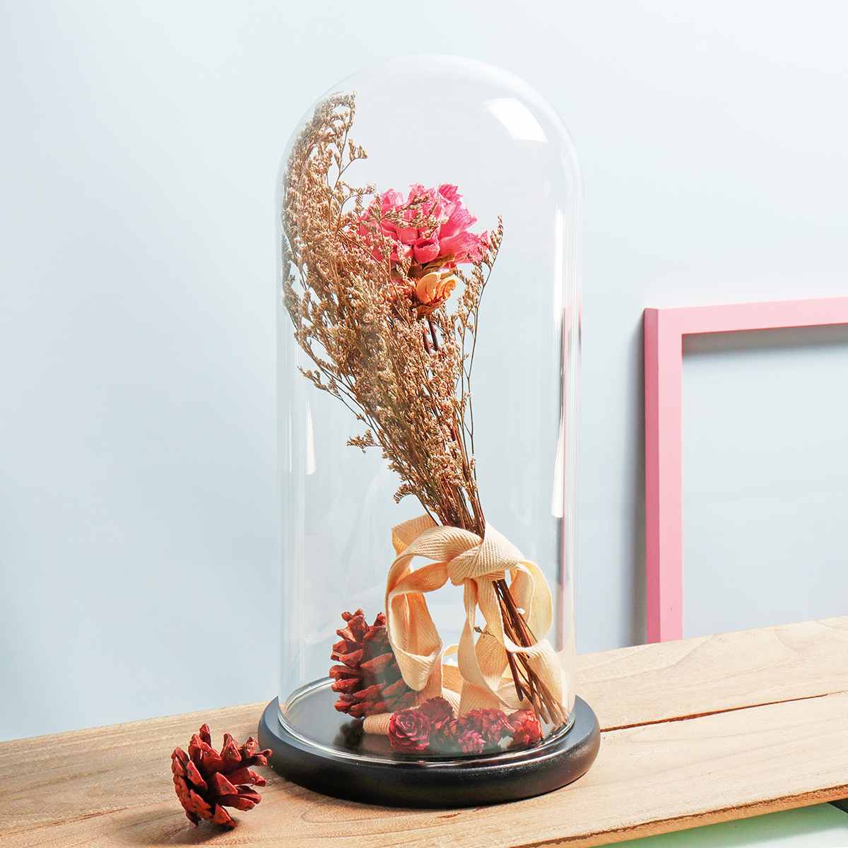 Glass Globe Display Dome Cover Cloche Bell Jar Immortal Flower Rose Preservation Vase Wooden Base Wedding Home Decoration
