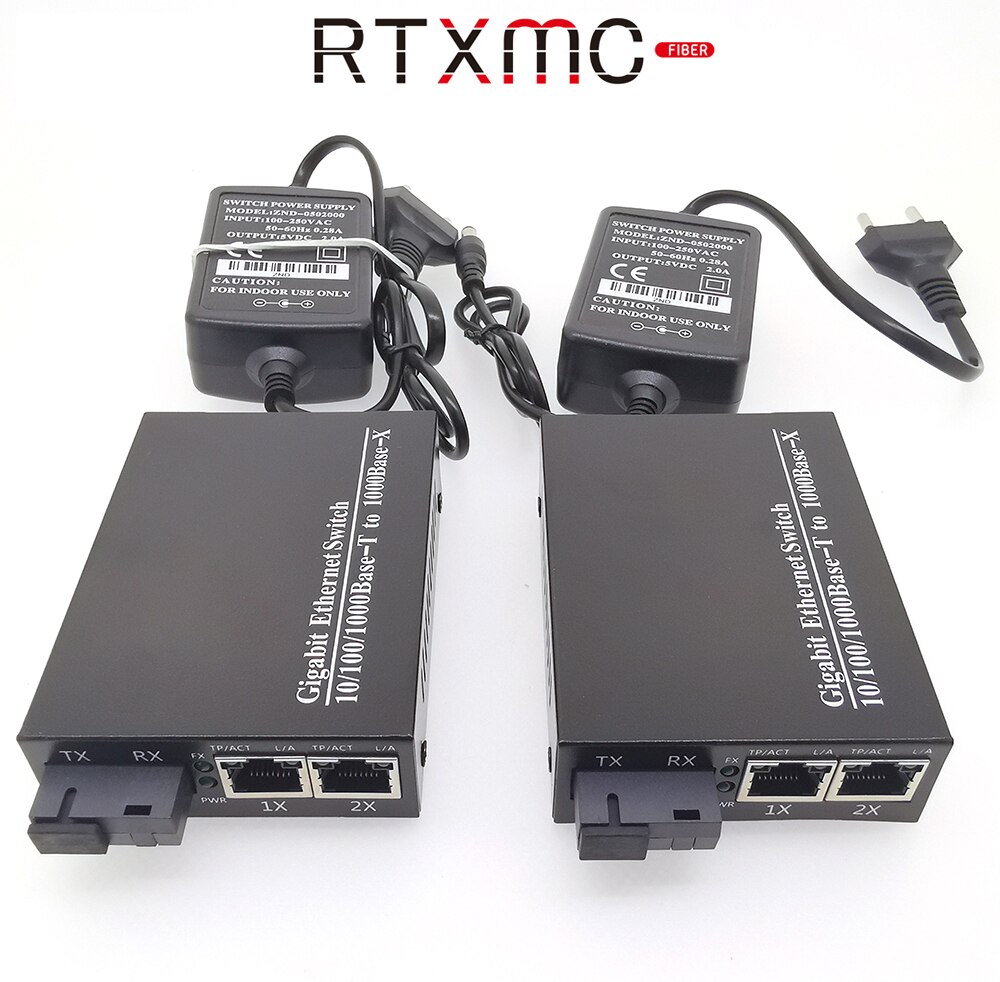 2 Pcs Fiber Transceiver 2 Port 10/100/1000M Gigabit Ethernet Switch 1.25G Fiber 2 RJ45 glasvezel Media Converter Met Power