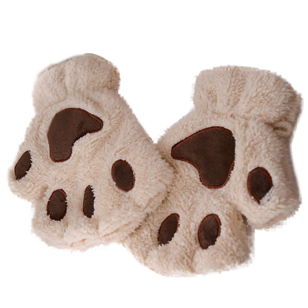 Gants demi-doigt épais en velours pour femmes, garde la chaleur, mitaines en peluche avec patte de chat épaisse, doux: Beige