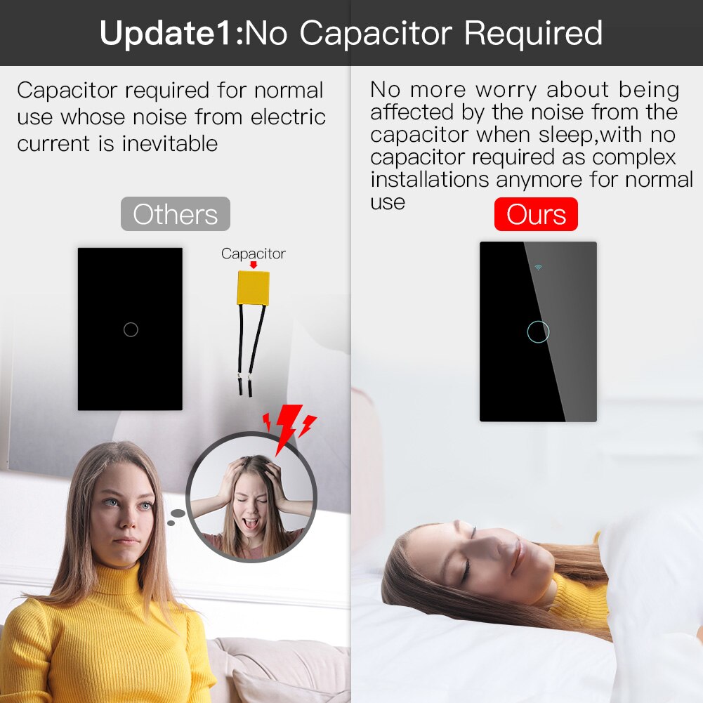 ZigBee Wall Touch Smart Light Switch With Neutral/No Neutral ,No Capacitor Smart Life/Tuya Works with Alexa,Google Hub Required