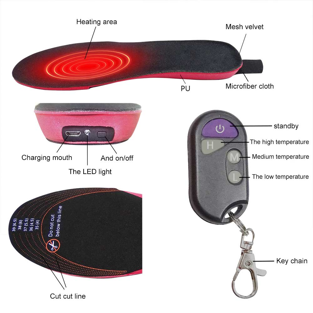 Beheizbare einlegesohlen mit fernbedienung, wiederaufladbare elektrische beheizbare schuheinlagen für wintersport, skifahren, jagen