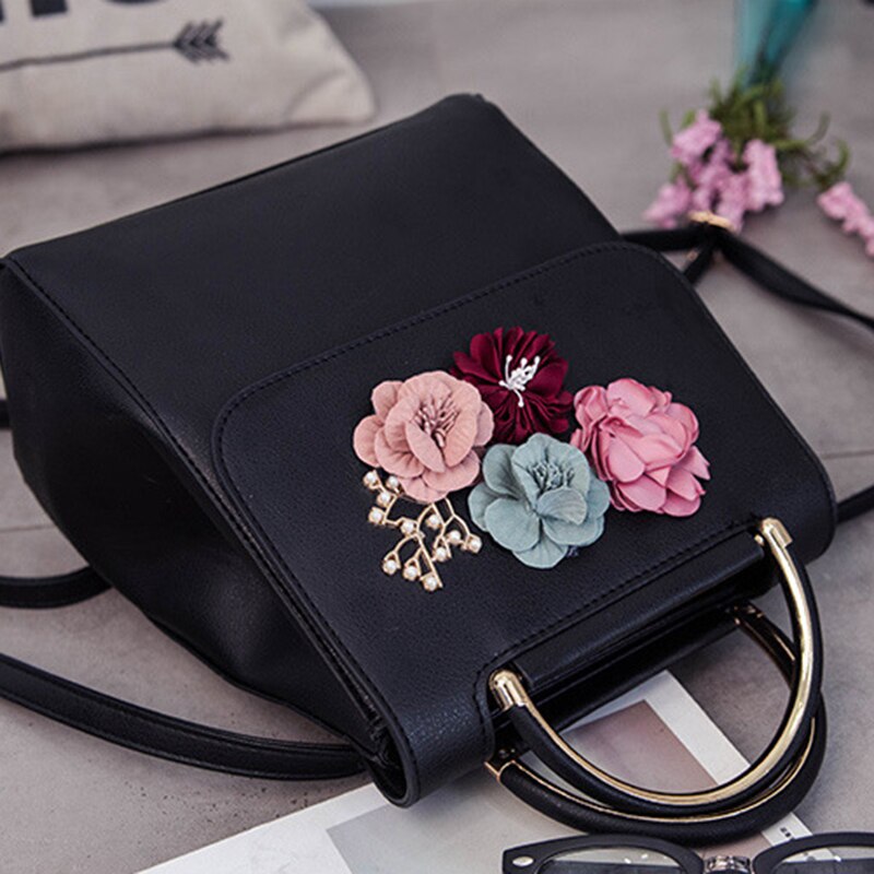 Mulheres de Couro PU Mochila Feminina Tendência Estilo Três-dimensional Flor Bolsa de Ombro das Mulheres Mochila (Preto)