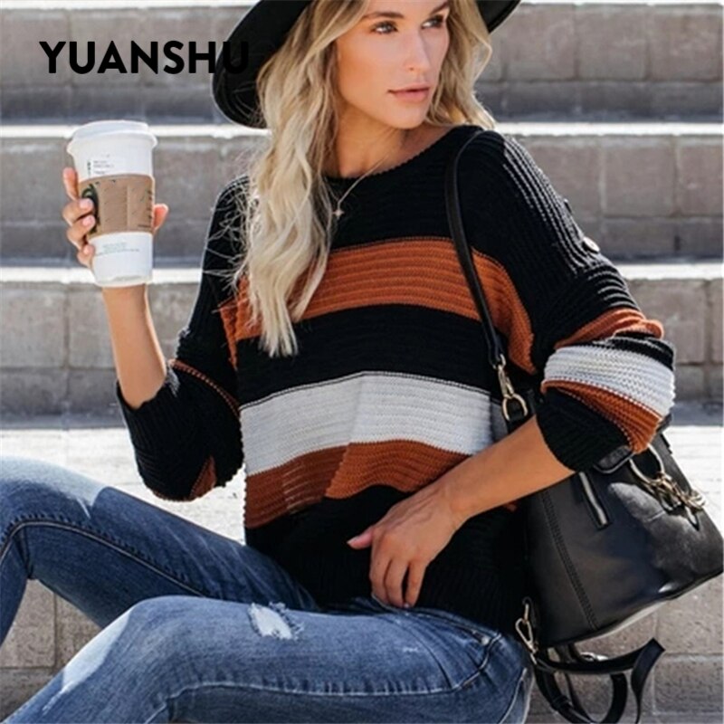 YUANSHU Pull Femme Casual Oranje Gestreepte Trui Vrouwen Warm Gebreide Trui Herfst Winter Losse Dames Tops Vrouwelijke Jumper