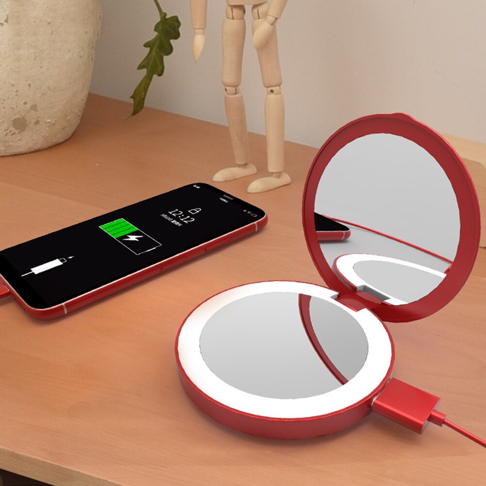 LED Mini Makeup Mirror Hand Held Fold Small Portable Micro USB Connect Cable Chargeableable Cosmetic Mirror makeup Tool