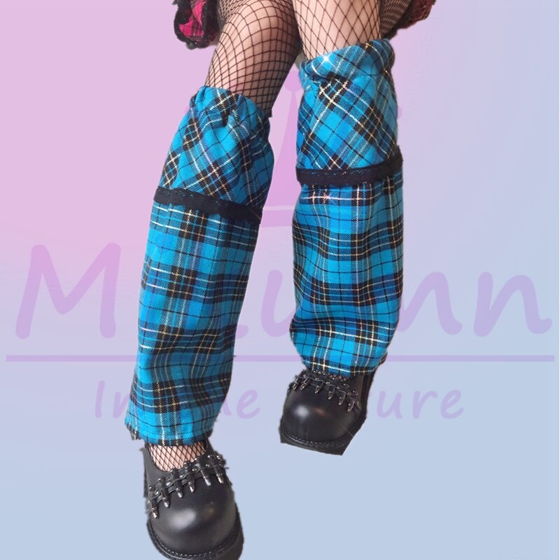 Japanese Harajuku Girls Cute Lace Plaid Leg Warmer Socks Gothic Lolita Sweet Knee High Leg Cover Chic Streetwear: Blue