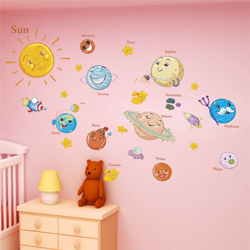 Cartoon Solar System Planets Spaceship Wall Stickers For Kids Room Bedroom Decoration Boys Nursery Mural Art Diy Pvc Home Decals