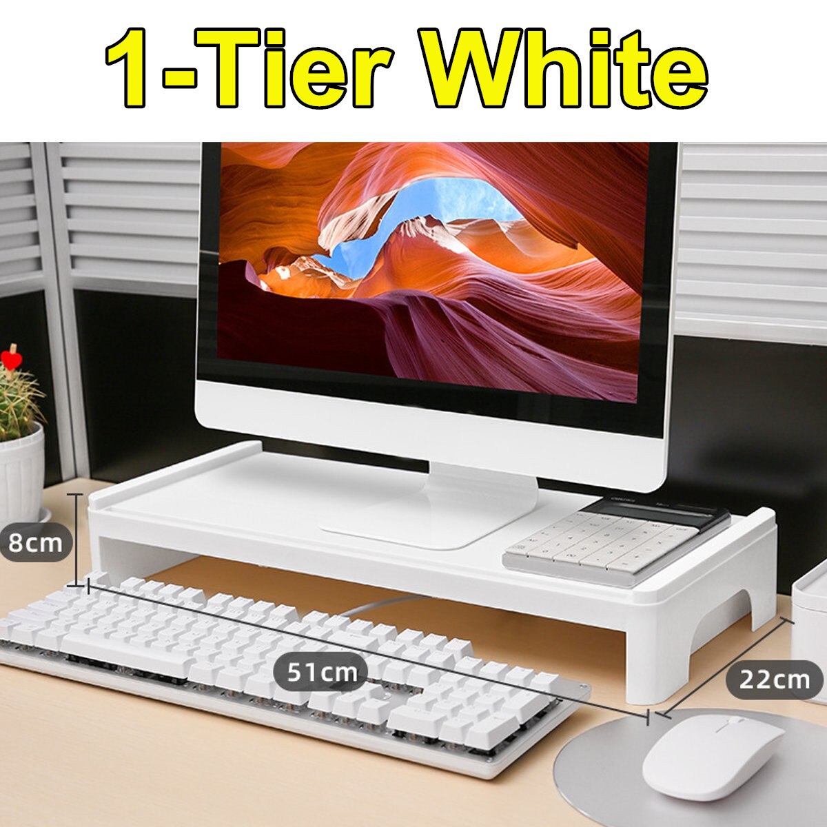 2Tiers Monitor Riser Stand Desk Shelf with Drawer Keyboard Storage Stylish White Pen-Books Stationery: 1