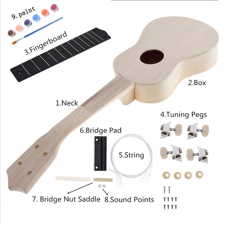 Ukelele de ensamblaje colorido DIY, guitarra pequeña, pintura hecha a mano, grafiti, actividades caseras para padres e hijos, 21&quot;