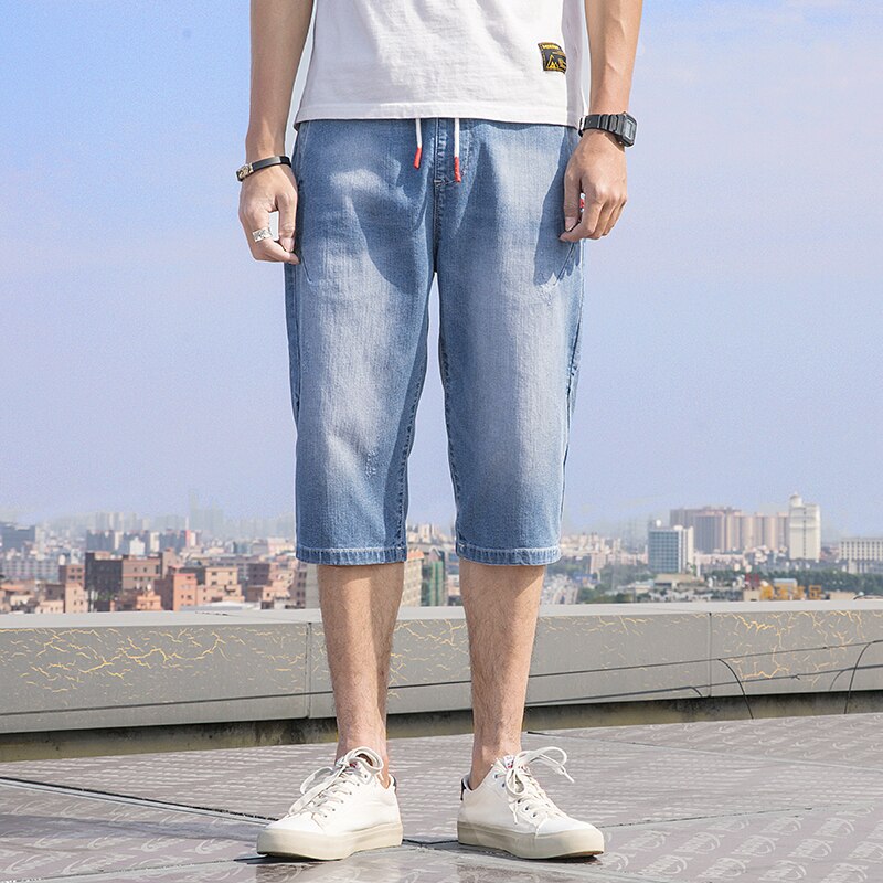 Grote maten zomer heren shorts stretch casual lichtgewicht blauwe denim jeans korte bermuda elastische taille broek grote maat 6xl 7xl