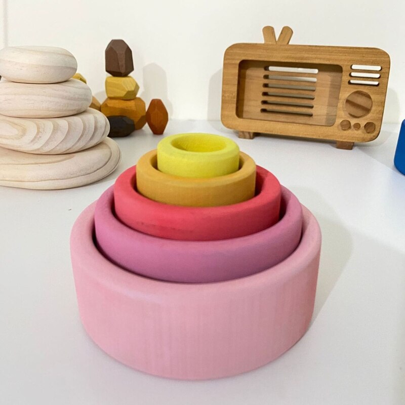 5 pz Del bambino Arcobaleno Di Legno che impila Creativo per Bambini Giocattoli Educativi Regali per Bambini Impilabile Gioco di Apprendimento Blocchi di Costruzione