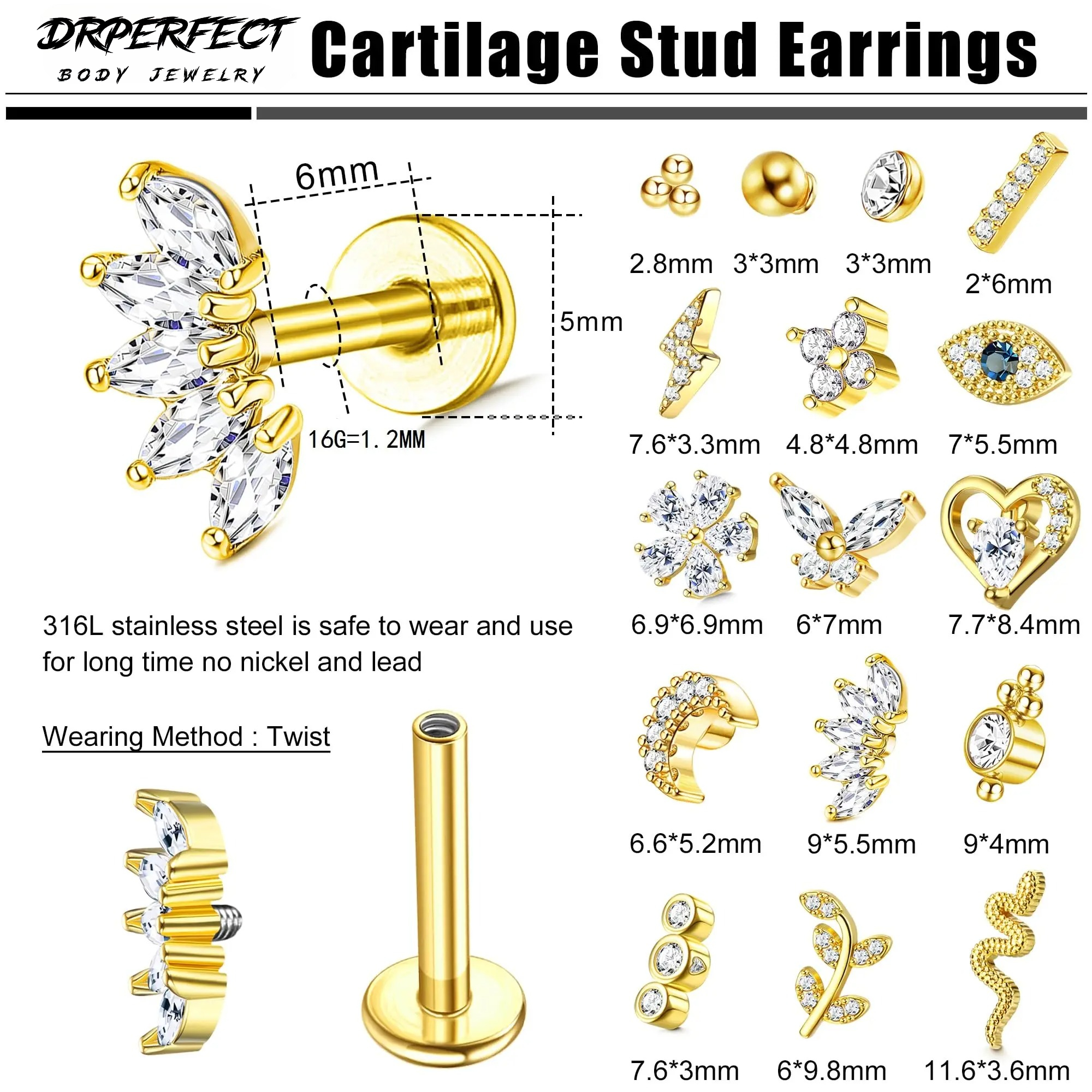 Drperfect-pendientes para el trago de acero quirúrgico, joyería para Piercing del trago, rosca interna, parte posterior plana, Medusa Labret, labio, 16 Uds.
