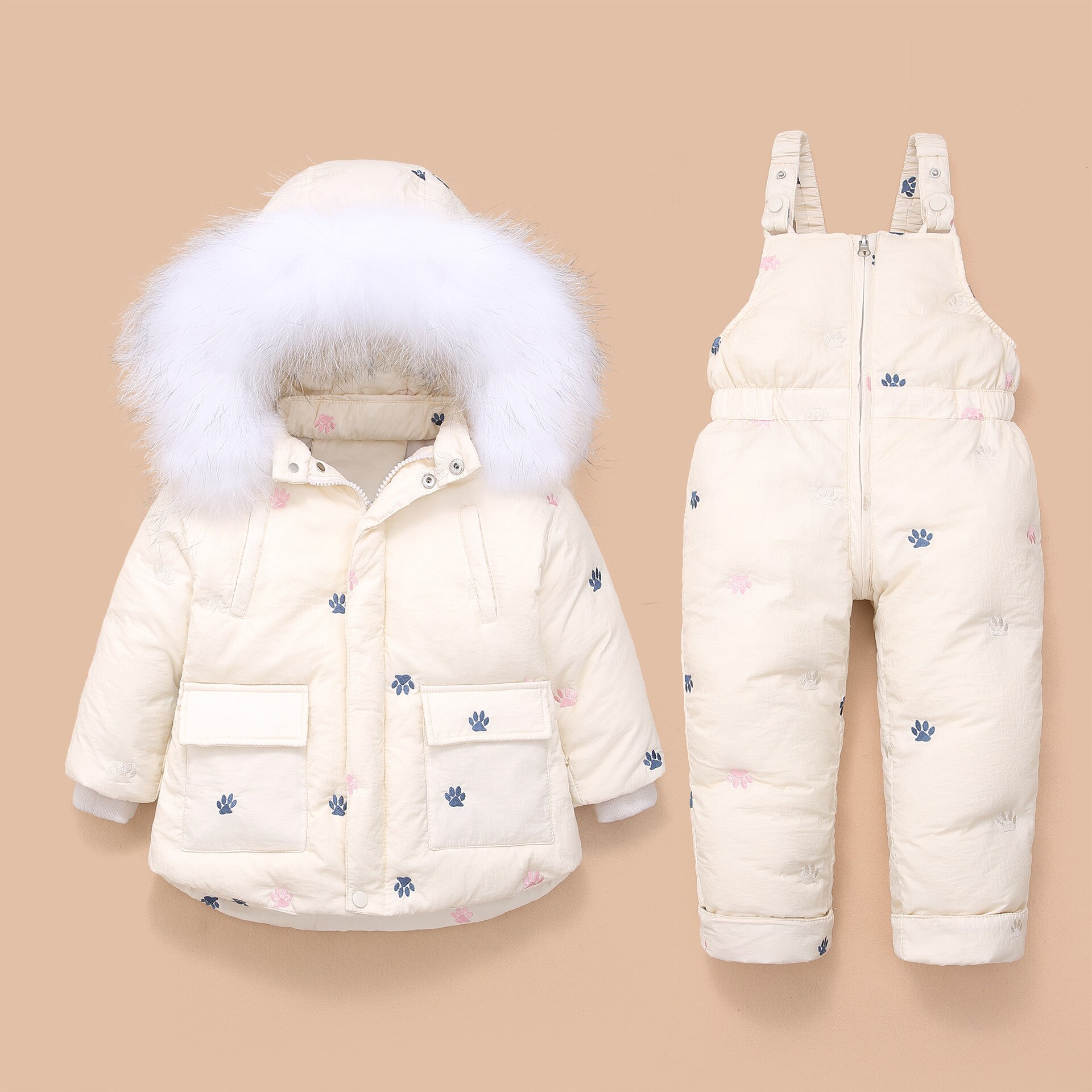Meisjes Set Fur Hooded Jongen Baby Overalls Meisje Winter Donsjack Warme Jas Kinderen Kinderen Snowsuit Sneeuw Kleding Meisjes Kleding set: Beige / 18m