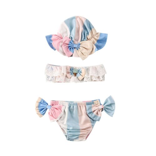 3 stk sæt nyfødt baby pige blomstret sløjfe bikini sæt badetøj strandtøj svømme badedragt: Blå / 100