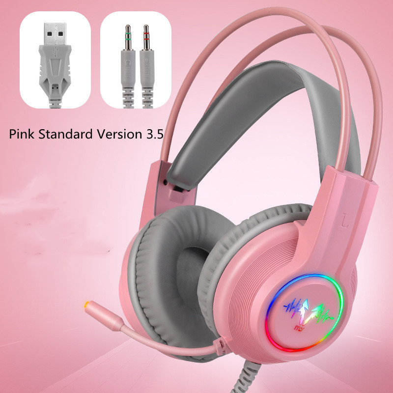 Wolf Hunter H200 RGB Game Headphone Head-Mounted Desktop Computer Wired Gaming Headset Gaming Headset: Pink standard edition 3 5  luminous edition