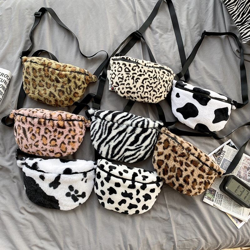 Léopard en peluche sacs à bandoulière pour femmes poitrine sac taille Pack hiver dames Vintage sacs à main femmes grande capacité sac à main