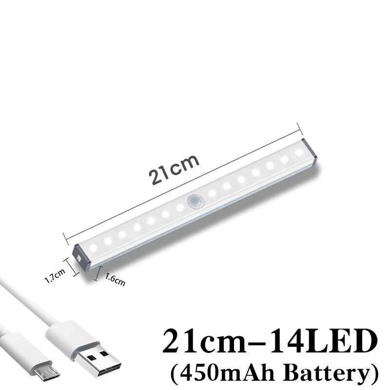 5V Dc Usb Oplaadbare Noodverlichting Led Bar Lichten Pir Motion Sensor Keukenkast Garderobe Wandlamp Magnetische Closet licht: 21cm 14 leds / White