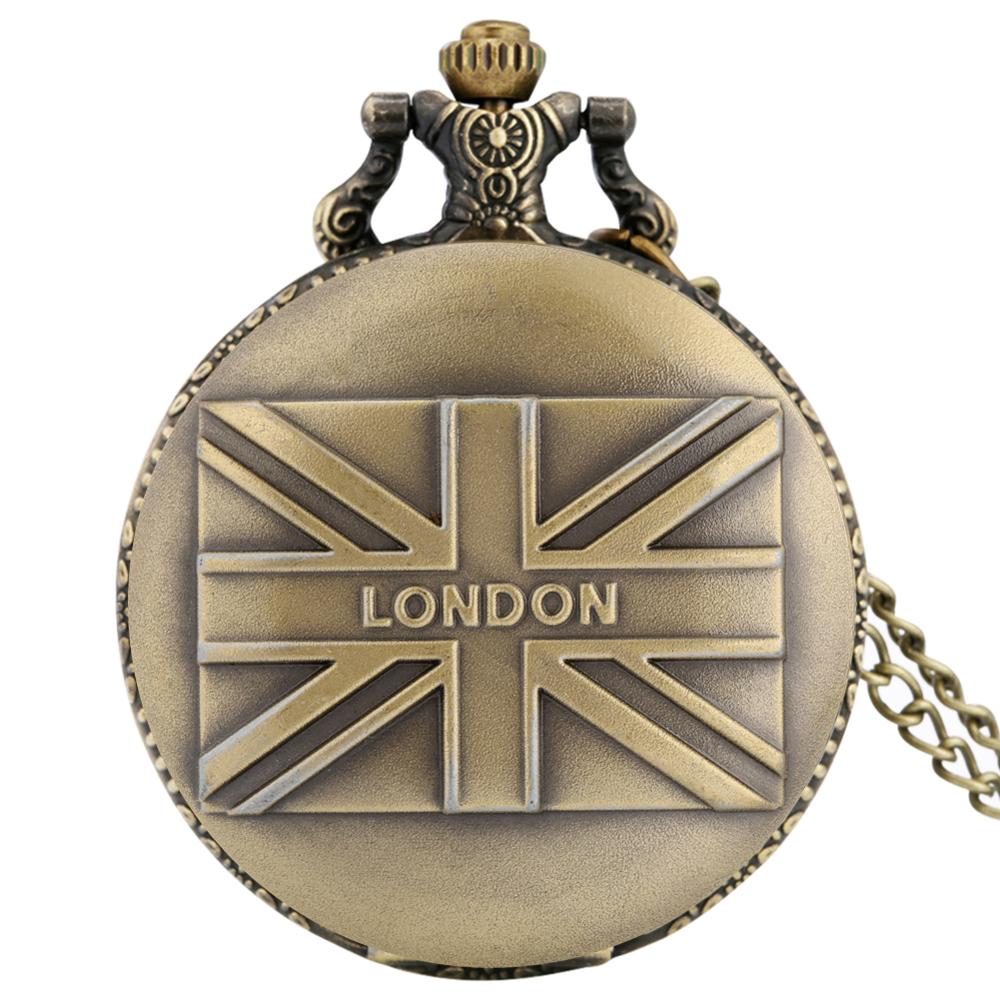Retro Britse Vlag Display Bronzen London Britse Vlag Patroon Vrouwen Mannen Quartz Zakhorloge Vintage Kettingen Horloges Masculino