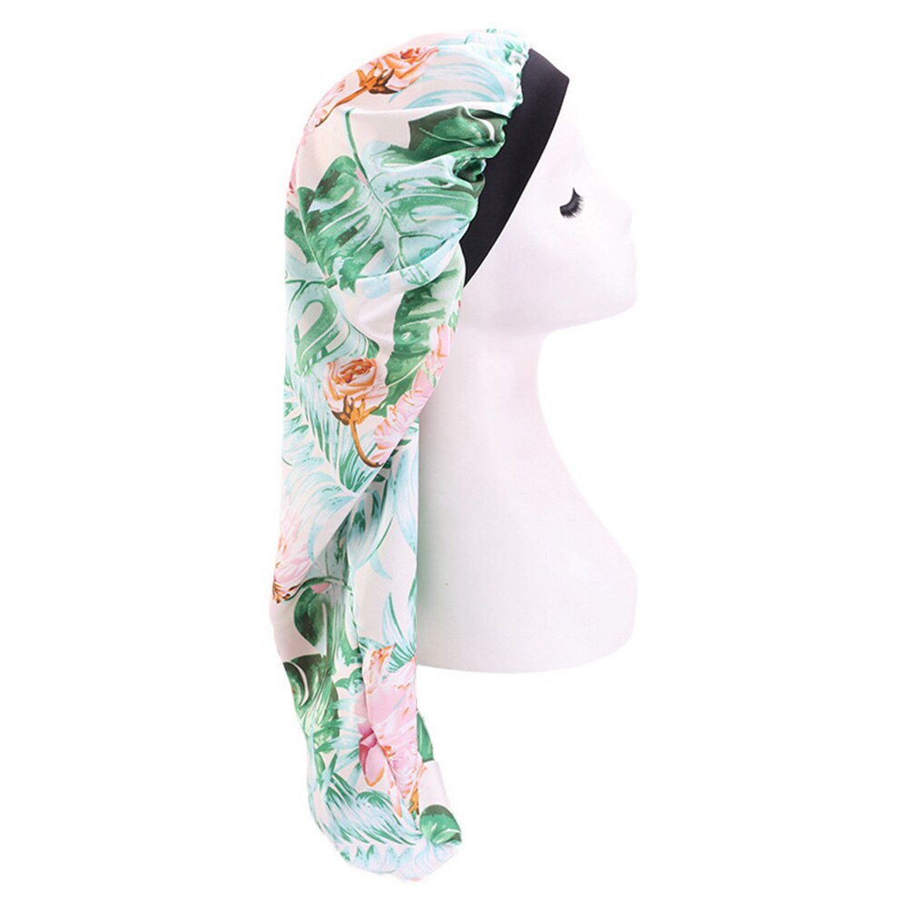 Gorro Floral largo de satén con cola para mujer, gorro para dormir de noche, herramienta de salón, gorro Herramienta de Peinado para el cuidado del cabello: Green Leaf