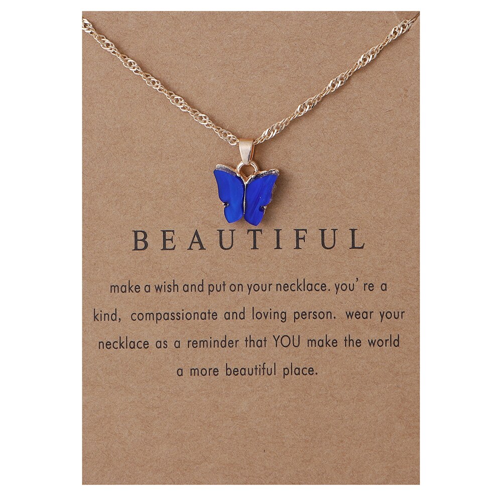 Cute Butterfly Pendant Necklace for Women Jewelry: gold card blue