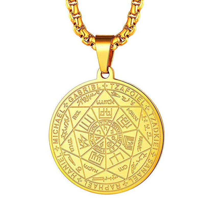 Classic simple wind hexagram magic array stainless steel pendant necklace men and women banquet leisure jewelry amulet: Gold