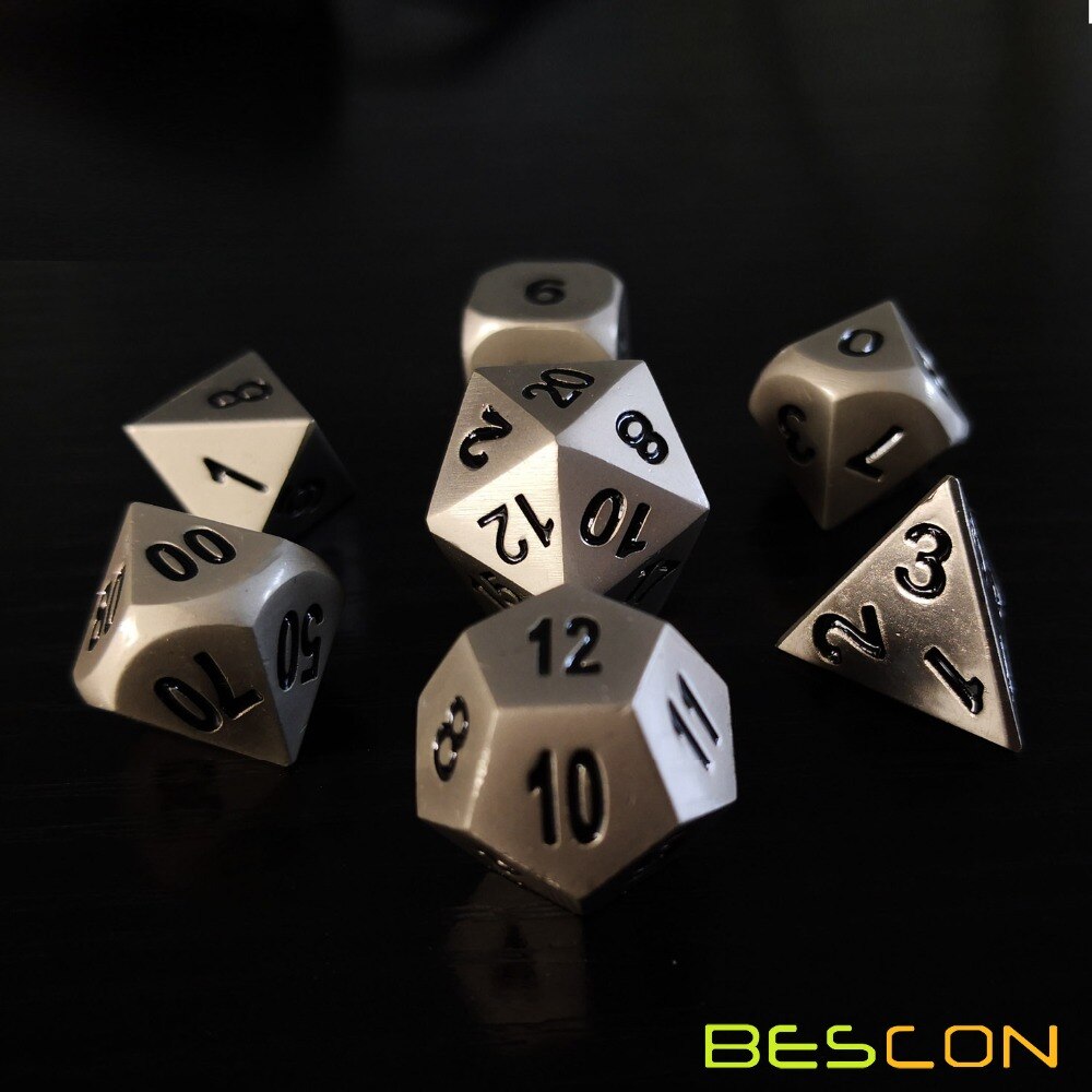 Bescon Heavy Duty Solid Metal Dice Set Nickle Finish, Metallic Polyhedral D&D RPG Game Dice 7pcs Set