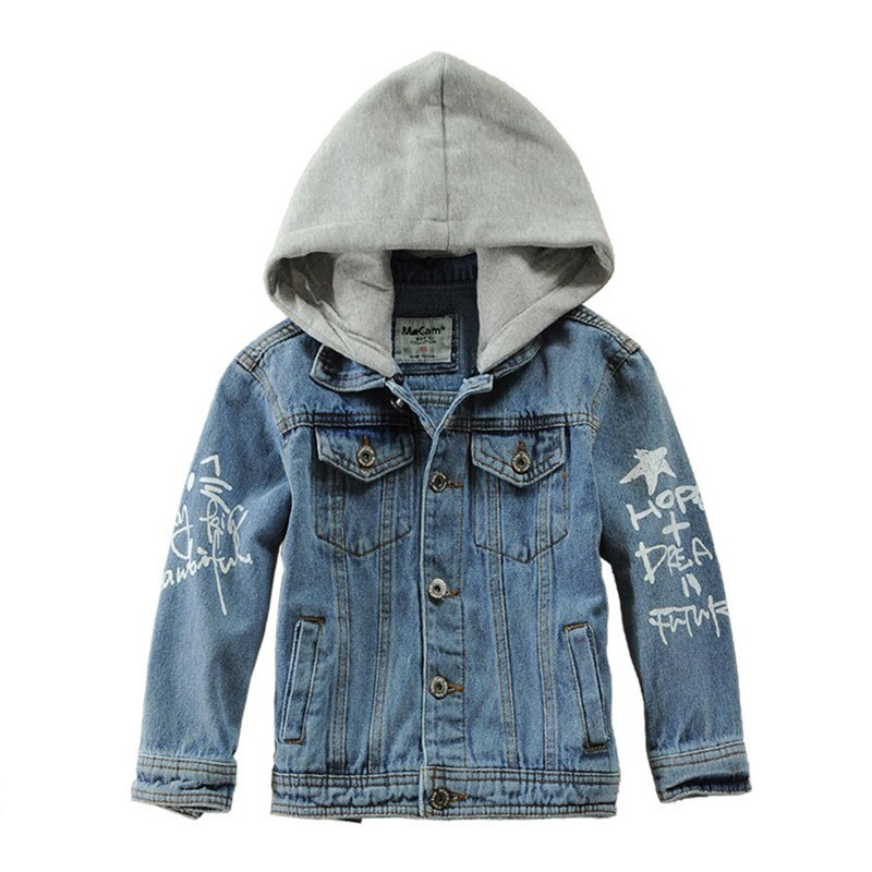 Black Denim Jacket Kids Print Children Jean Coat With Hood For Teen Boys 100-160 CM Outewear LC083: BLUE / 150CM