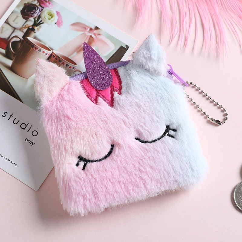 Cartoon Plush Unicorn Coin Purse Cute Cat Fur Circle Wallet Girl Clutch Embroidered Bag Key Earphone Organizer Pouch Kids