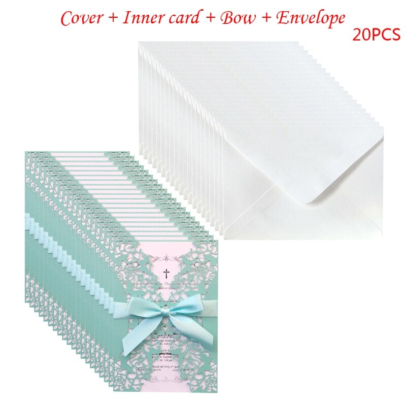 20pcs Wedding Invitations Card Hollow Invite Envelopes with Ribbon Bridal Shower: Blue