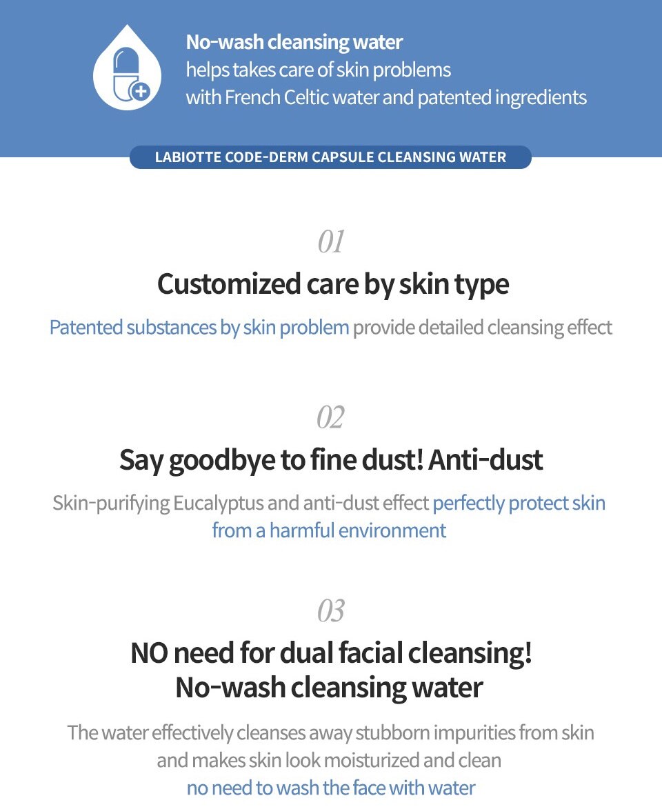 LABIOTTE, código-cápsula Derm, agua limpiadora, 120ml, limpieza facial Suave coreana sin irritación, limpieza profunda para el cuidado sensible
