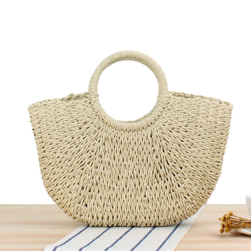 Bolso de paja sencillo para llevar a mano, tejido a mano, informal, de Color sólido, accesorios para fotos de Playa, Mini cesta, Maleta de verano: large beige