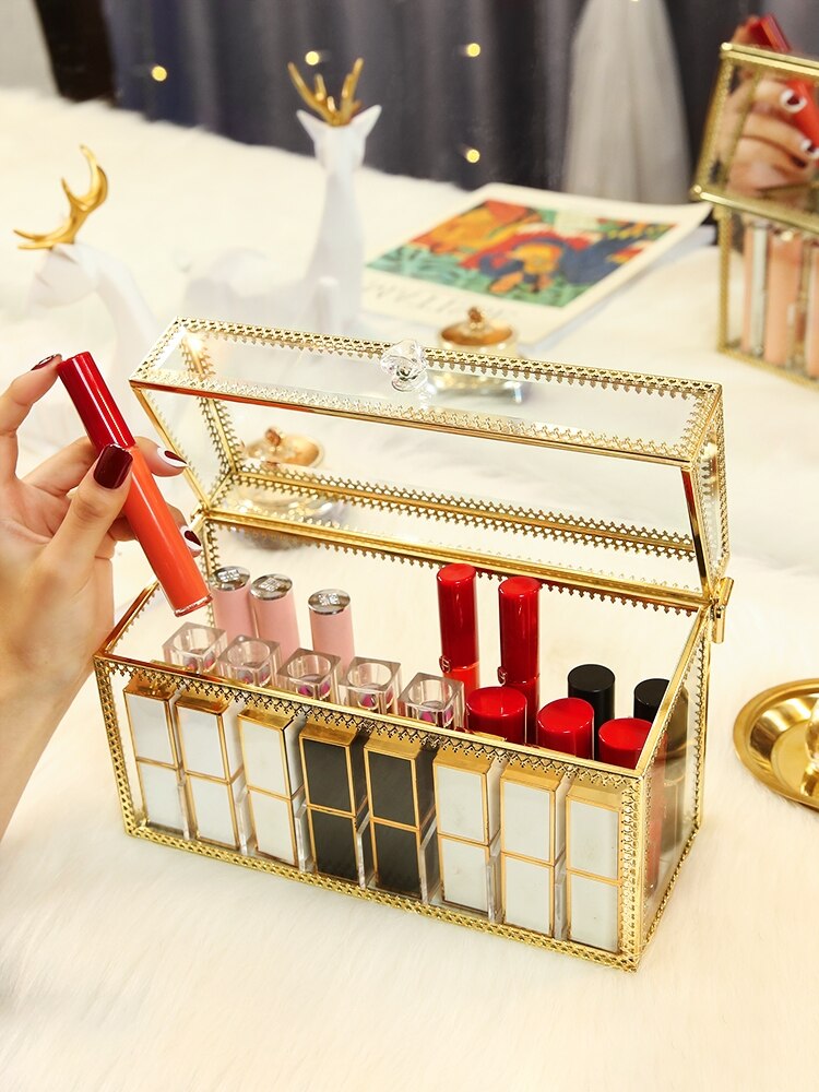 Retro kopparkant glas läppstiftslåda kosmetiska smycken förvaringslåda genomskinligt guld brons sminkorganisator badrumsställ