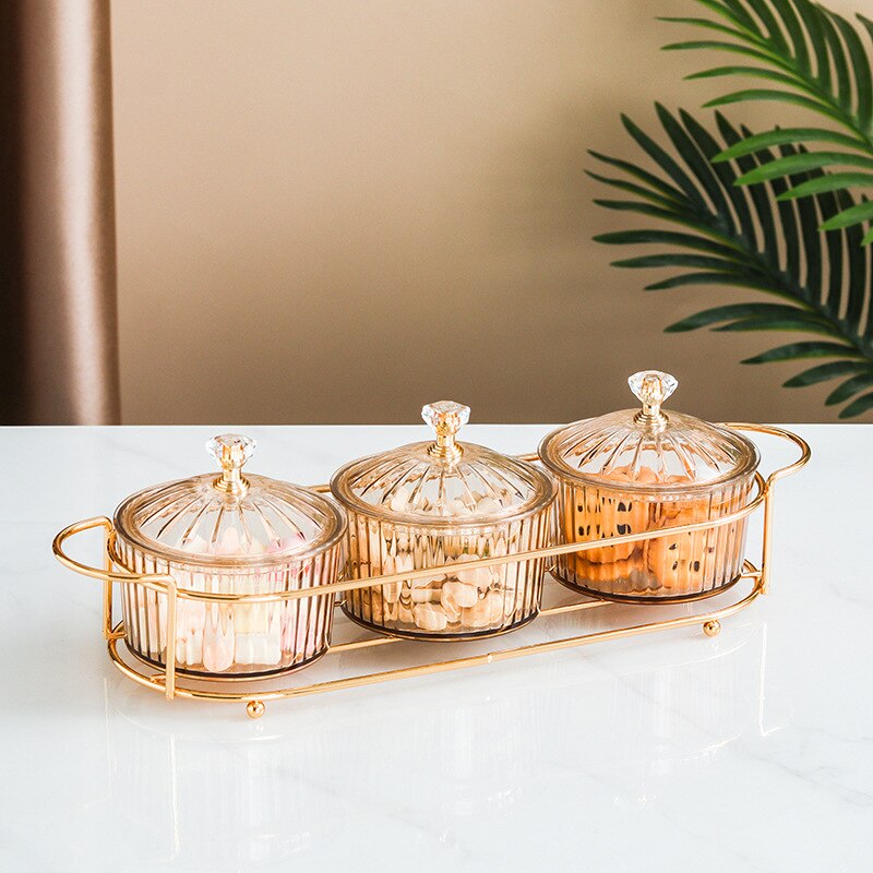 Platos de postre, bandeja de Metal para decoración con tapa, platos redondos de frutas secas, bandejas para servir alimentos con cubierta, Bol de frutas y aperitivos: Brown 3 grids