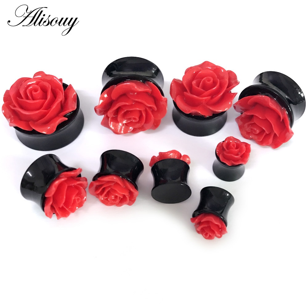 Alisouy 2PC 3D Red Rose Flower Ear Plug Acrylic Flesh Ear Plug and Tunnels Ear Expander Gauges 8-16mm ear jewelry for women girl