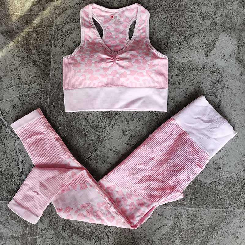 Athvotar Luipaard Print Sport Past Vrouwen Naadloze 2Pcs Yoga Set Hoge Taille Fitness Kleding Sport Outfit Voor Vrouw: Pink / L