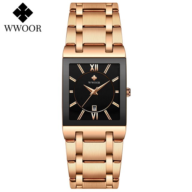 WWOOR-Relojes de pulsera para mujer, de cuarzo, Cuadrado dorado, rosa, deportivo, resistente al agua,: rose black