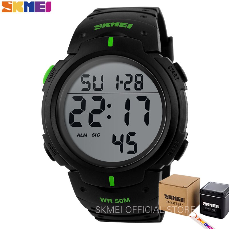 Skmei utendørs sportsklokke herre stor urskive enkle klokker kalender pu stropp 5 bar vanntett digital klokke reloj hombre 1068: Grønn med boks