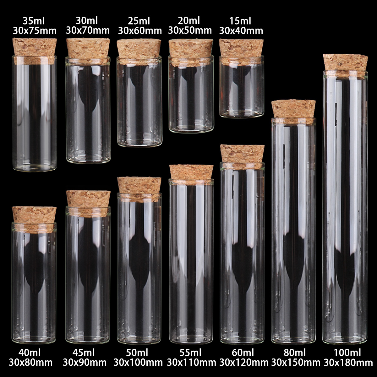 15ml/25ml/30ml/35ml/40ml/45ml/50ml/55ml/60ml/80ml/100ml små provrör i glas med korkpropp flaskor burkar injektionsflaskor 24 st